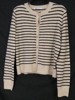 ZARA Striped Knit Crewneck Cardigan with Gold Buttons - Size Large